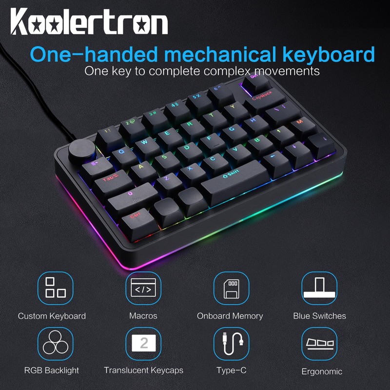 Koolertron Single-Handed Macro Mechanical Keyboard, RGB LED Backlit Portable Mini