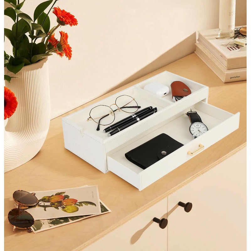 HofferRuffer Valet Jewelry Tray Organizer with Drawer, Faux Leather Storage