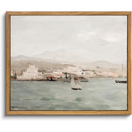 KBKBART Framed Canvas Wall Art View of Mediterranean Coastal Painting, Vintage Coastal Seaside Scenery Canvas Art Prints Bathroom Pictures ,Farmhouse Wall Decor for Bathroom, Bedroom Living Room,