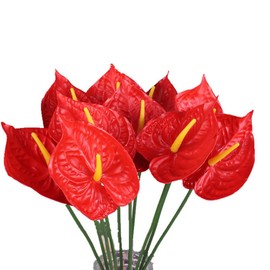 JOSON 8-Pack 27" Faux Anthurium Lilies Home Decor Bouquet and Green Leaves, Wedding Festive Decor Floral Arrangement (Red)