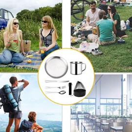Camping Tableware for 1 Person - Camping Cutlery Set 7 Pieces, Reusable Stainless Steel Cup, Plate and Fork, Spoon, Cutlery Bag, Camping Tableware for Outdoor Camping, Hiking and Picnic