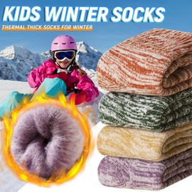 AMENLAN Kids Heated Hiking Socks Winter Children Thick Soft Warm Thermal Snowboarding Boy Girls Insulated Socks 4 Pairs (Multicolor A, 8-12 Years)