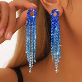 ALRNBY Rhinestone Earrings for Women Gold Long Tassel Earrings Prom Jewelry Dangle Blue Purple Earrings Statement Chandelier Wedding Jewelry Sparkly CZ Gifts 70S 80S (Navy Blue)