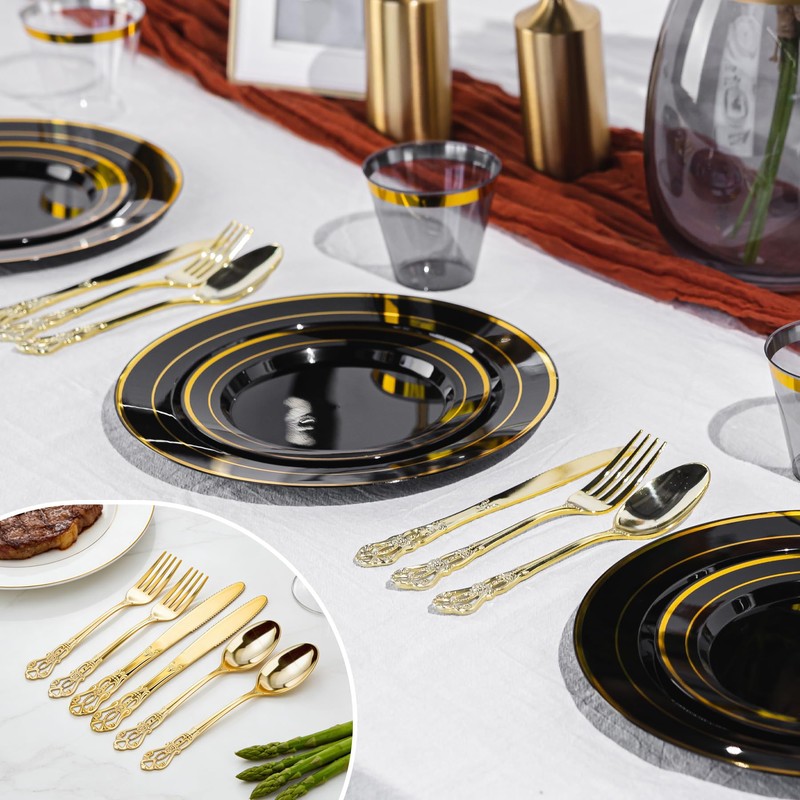 Pryntono 300PCS Gold Plastic Silverware, Heavy Duty Gold Disposable Utensils,