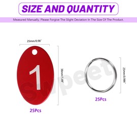 Swpeet 50Pcs 1-25 Number Red Oval Aluminum Number Tags with Key Rings Assortment Kit, Metal Keychain Tag with Keyrings Numbered Key Tags ID Tags for Coding, Decoration