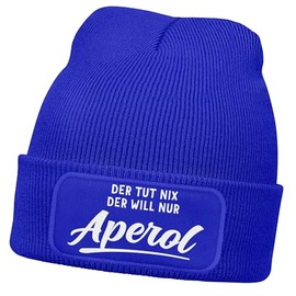 MoonWorks® Herren Beanie mit Patch Lieblingsgetränk Party Strickmütze Spruch Aufdruck Lustig Mütze Männer Blau Unisize