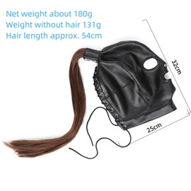 Black PU leather hood, 3-hole full-face wig masked blindfold, role-playing headgear (Mask+Wig)