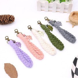 MMIUAEG Macrame Boho Keychain Bracelet with Tassels Palm Leaf Charm Handmade Wristlet Keychain Keyring Holder for Women Bohemian Braided Wrist Lanyard Keychain-Purple B