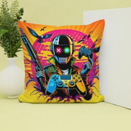 The Beach Stop Fun Video Game Accent Cushion Cover | Pop Art Home Decor | Gift Idea for Men Women Boys Girls | 45x45cm 18x18” | Colourful Gamer