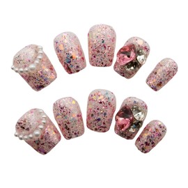 Handmade Pink Press on Nails, Short Length Square False Nails with 3D Rhinestone, Cute Manicure Kit for Women and Girls (10Pcs, M)
