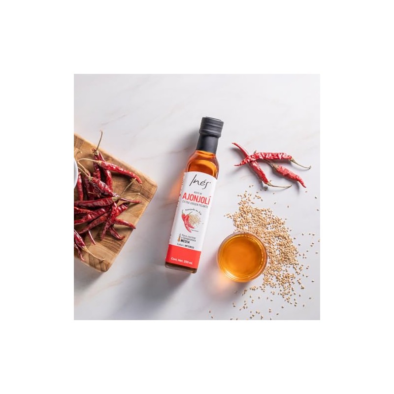 Aceite de ajonjolí picante Inés. Con chile de arbol y