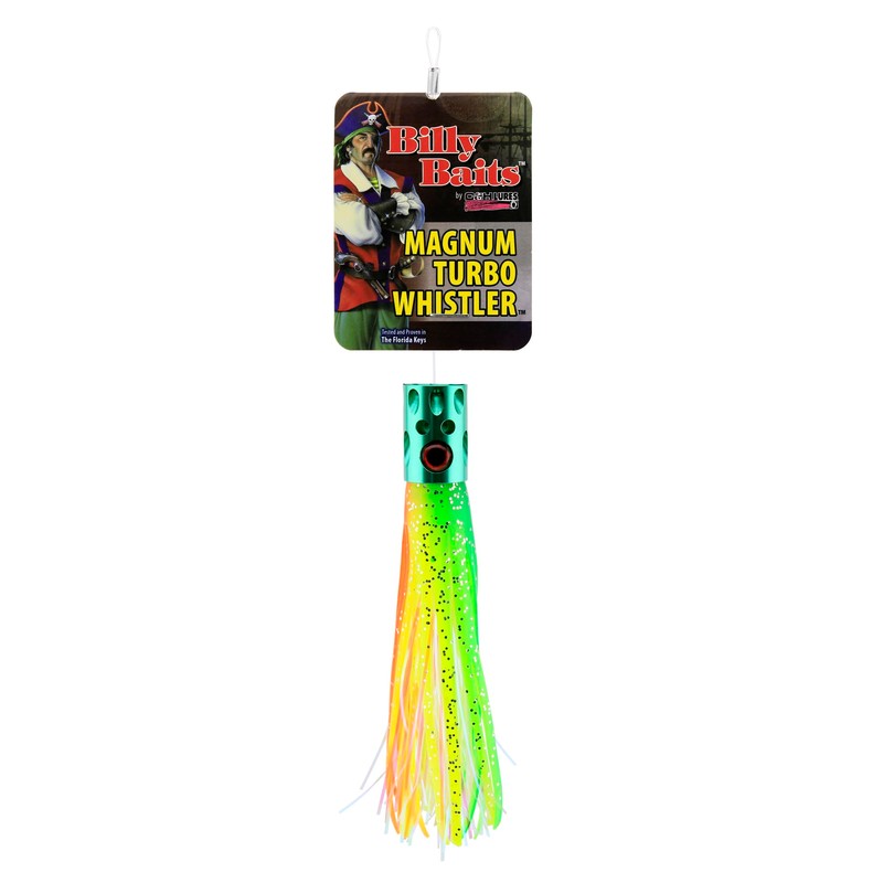 Billy Baits, Magnum Turbo Whistler Lure, Green/Chartreuse/Orange/Pearl Skirt, 2 oz