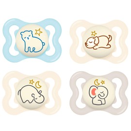 MAM Supreme Night Soothers 0-6 Months (Pack of 4) Thinner and Softer Baby Soother, Glow in The Dark Soother with Self Sterilising Travel Cases, Newborn Essentials, Unisex