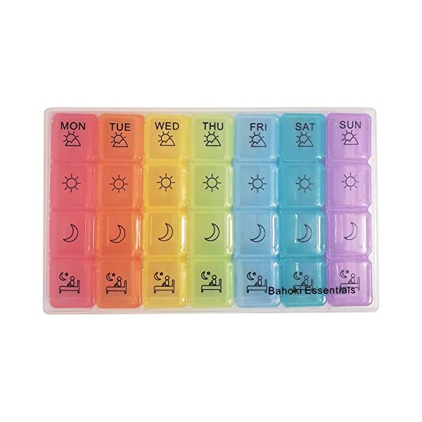 BaHoki Essentials Weekly Pill Organizer - Portable Travel Pill Container - Full Week and Up to 3 Times Per Day Pill Box - Medication Reminder Pill Case
