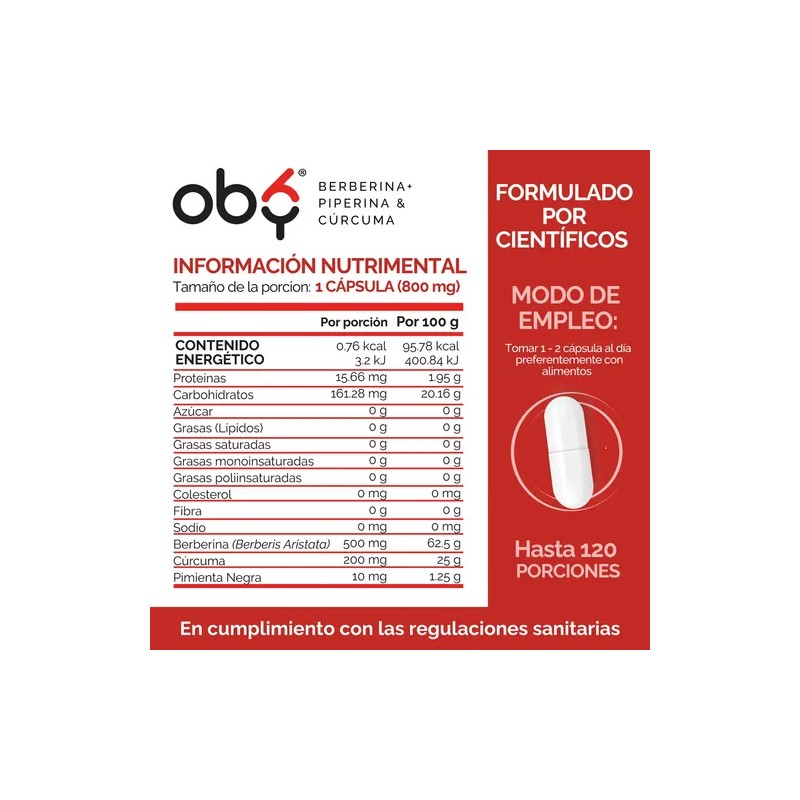 Berberina Hcl 97% 1000mg + Piperina, Curcuma | Oby Glucontrol