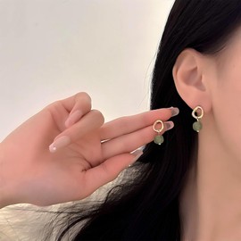 ALRNBY Jade Earrings for Women Turquoise Tiger Eye Earrings Gold Hoop Jade Dangle Earring India Earrings Trendy Stainless Steel Emerald Green Jade Dangle Earrings Non Tarnish