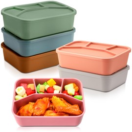 Honeydak 6 Pcs Silicone Bento Box Reusable Lunch Container 4 Compartment Snack Boxes with Lid Smooth LeakProof Rectangle Food Boxes for Adult Work Travel Food Storage (Cute Color)