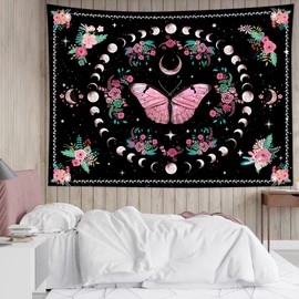 Pink Butterfly Tapestry Wall Hanging Boho Starry Sky and Moon Phase on Black Wall Tapestry for Bedroom Aesthetic Nature Floral Green Leaf Plant Tapestry for Living Room College Dorm Decor,60Wx40H inch