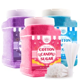 Cotton Candy Floss Sugar Package of 3ct-(Pink Vanilla and Blue Raspberry)-3lb Each Flavor- (3ct-3lb Jars) (3lb Jars with 100 Cones)