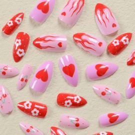 Valentines Press on Nails Medium Almond Fake Nails with Red Heart Designs Pink Full Cover Flames Flowers Nails Press ons Cute Nail Decorations Cherry Holiday False Nails for Women 24 Pcs