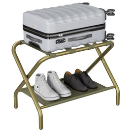 Smuxee Gold Luggage Rack, Foldable Suitcase Stand with Fabric Storage Shelf, Luggage Holder with 4 Nylon Straps for Guest Room Bedroom Hotel