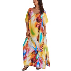 IMAGEKOPE Women's Plus Size Loose Fit Moroccan Print V-Neck Batwing Kaftan Beach Dress Bathing Suit Cover Up