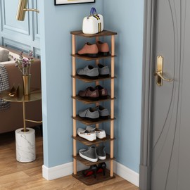 LUCKNOCK 8 Tiers Vertical Narrow Shoe Rack/ Organizer, Stylish Wooden Space Saving Shoe Storage Stand/ Shelf/ Tower Free Standing for Entryway, No-Tool Assembly, Brown.