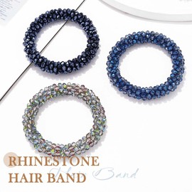 Fashey Rhinestone Hair Ties Elastic Ponytail Holder 3 Pcs Crystal Hair Scrunchies Hair Accessories for Women and Girls (blue,green,dark blue)
