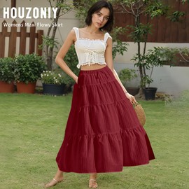 HOUZONIY Red Womens Maxi Skirt Flowy Elastic Waist Tiered Pleated A Line Summer Boho Trendy Cute Comfy Pull On Long Skirts
