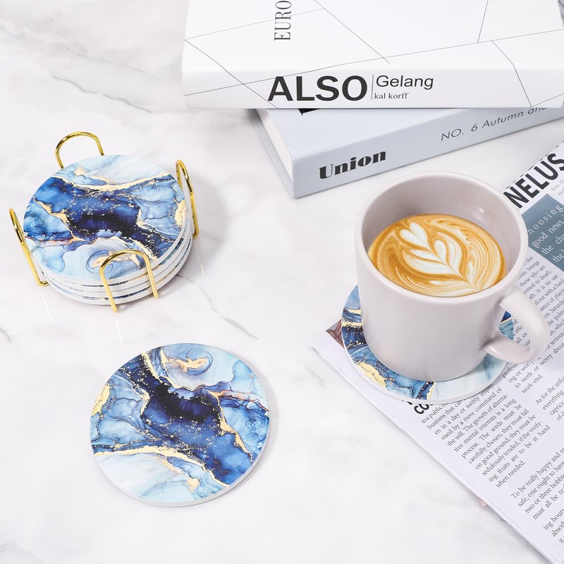 Topdea Drink Coasters with Holder(Set of 6), Navy Blue Marble