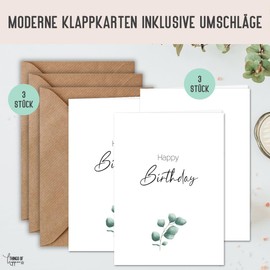 3 x Birthday Cards with Natural Envelope, Folding Cards for Birthday, Happy Birthday, Made of Natural Paper, Birthday Card DIN A6 Including 3 Envelopes, Eucalyptus Greeting Card (Pack of 3)