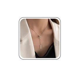 Ximdble Vintage Long Square Drop Y Necklace Silver Chain Tassel Y Lariat Necklace Long Bar Pull Necklace Hollow Square Necklace Geometric Interlocking Necklace for Women