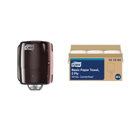 Tork Soft Centerfeed Hand Towel White M2, High Absorbency, 6 x 600 Sheets, 121204 + Tork Centerfeed Industrial Paper Towel Dispenser Red and Smoke M2, Single-Sheet Dispensing, 659028 +