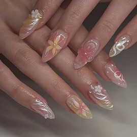 Pink French Tip Press on Nails Short Almond Fake Nails 3D Flower False Nails with Design Pearl on Nails Glossy Artificial Acrylic Nail Full Cover Stick on Nails for Women Manicure 30Pcs