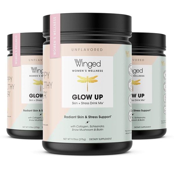 Winged Glow Up Collagen Powder 3 Pack | Hair, Skin, Nails & Stress Relief for Women | Grass Fed Collagen Peptides w/Adaptogen Schisandra, Snow Mushroom, Vitamin C & Biotin | Unflavored (75 Servings)