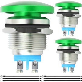 MKBKLLJY Pack of 3 16 mm Green Metal Mushroom Head Push Button Switch Momentary Push Button Switch IP65 Waterproof 12V 24V 36V DC 110V 250V AC 5A SPST 1NO with Screw Terminals Wires for Car Boat