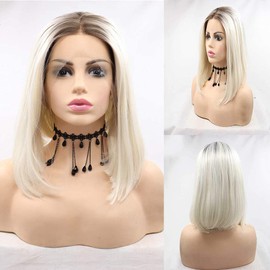 Xiweiya Platinum Blonde Bob Synthetic Lace Front Wigs with Light Roots White Blonde with Brown Roots Lace Front Wig Natural Hairline Hair Replacement Wig for Women 14inch… (8T 60)