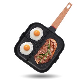JUSTUP Nonstick Frying Pan,3-in-1 Egg Pan Versatile Divided Grill Pan with Pour Spouts,3 Section Breakfast Skillet Omelette Pan for Stove Tops, PFOA Free (Black)