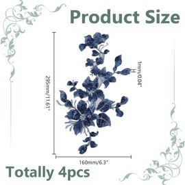HOBBIESAY 4Pcs Embroidery Sequin Lace Appliques Blue Leaf Flowers Patches Polyester Decorative Floral Appliques Dress Gown Sewing Decorations for Fabric DIY Crafting 29.5x16x0.1cm