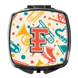 Caroline's Treasures CJ2001-FSCM Letter F Retro Teal Orange Musical Instruments Initial Compact Mirror Decorative Travel Makeup Mirror for Women Girls Gifts Pocket Makeup Mirror Folding Handheld