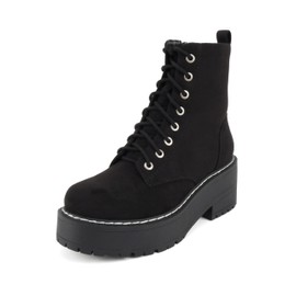 Soda FLING Women Chunky Lug Sole Lace up Fashion Combat Ankle Boot w/Side Zipper (Black Suede, us_footwear_size_system, adult, women, numeric, medium, numeric_8)