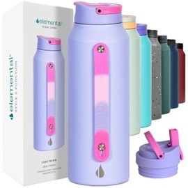 Elemental Iconic Stainless Steel Water Bottle with Straw - 32 oz Leak Proof Triple Wall Insulated Water Bottles for Travel and Sports - Reusable Gym Water Bottle with 2 Straws - Lilac Tie Dye