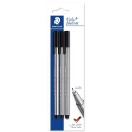 Staedtler 334-9 BK3 Fineliner triplus, 3 ST, Triangular, 0.3 mm, Blister Card, Black