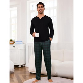 Bresdk Men's Pyjamas Sets Soft Cotton Mens Pjs Sets Long Sleeve Loungewear for Men V-neck Top and Plaid Bottoms Nightwear Sleepwear with Pockets Black