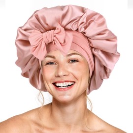 Silk Bonnet for Sleeping Women Double Layer Satin Bonnet Hair Bonnet with Elastic Tie Band Adjustable Bonnet for Curly Hair（Light Rose Gold）