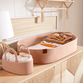 J&JOO Baby Changing Basket Includes Diaper Caddy - Portable, Breathable, Changing Table Topper, Changing Pad for Dresser, Cotton Rope Baby Basket, Baby Mat, Gift for Baby Shower