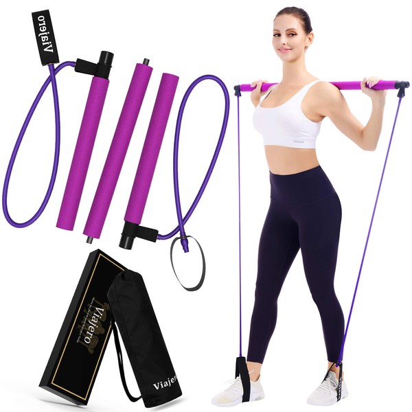Viajero Pilates Bar Kit with 2 Latex Exercise Resistance Bands for Portable Home Gym Workout, 3-Section Sticks All-in-one Strength Weights Equipment for Body Fitness Squat Yoga with E-Book Video
