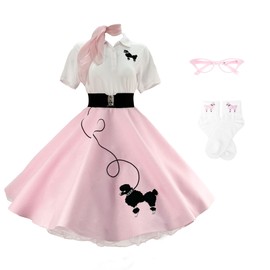 Hip Hop 50s Shop 1950s Poodle Skirt, Petticoat, Polo Shirt with Accessories, Adult 7 Piece Costume Set (Large, Light Pink)