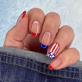 4th of July Press on Nails Short Square Fake Nails Full Cover Blue Red False Nails with Designs Glossy Glue on Nails America Flag Acrylic Nails Manicure Artificial Nails for Women Girls 24Pcs