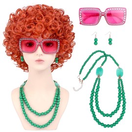Women Roper Curly Orange Red Cosplay Halloween Wig with Jewelry Set